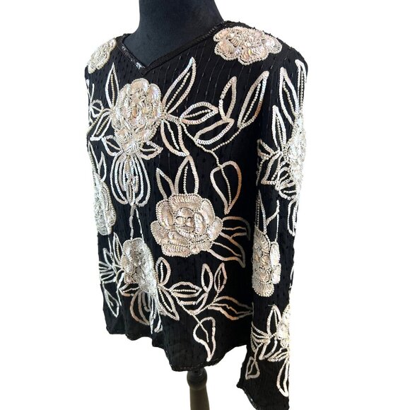 Vintage Leslie Fay Black Beaded Silk Sequin White Floral Formal Top NWT - Picture 5 of 15